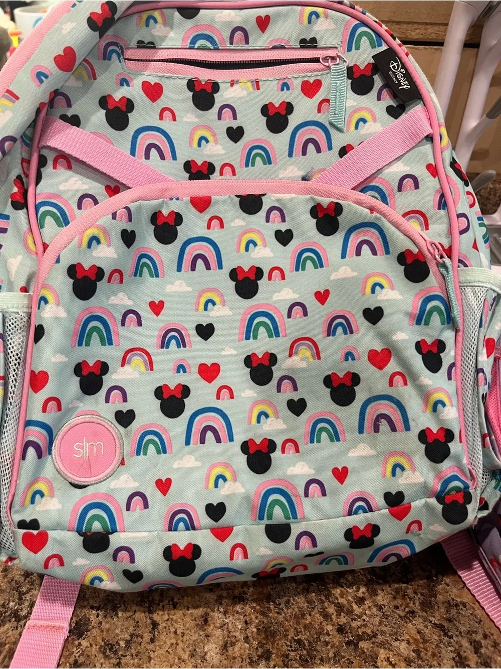 Disney Kids Mint Backpack with Pink Trim and Rainbow Minnie Pattern